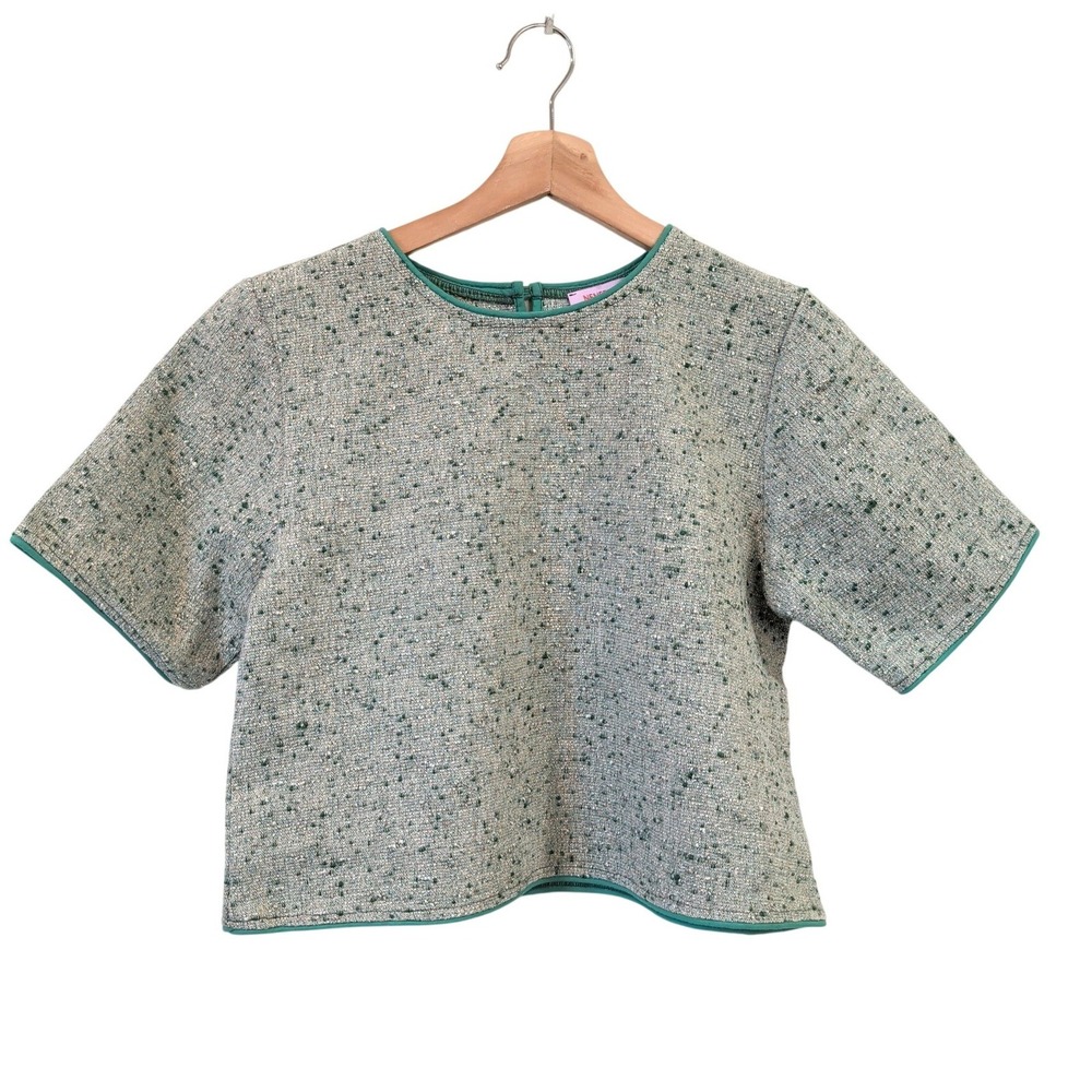 Never A Wallflower Green Tweed Short Sleeve Crop Top XS Keyhole Back Minimalist